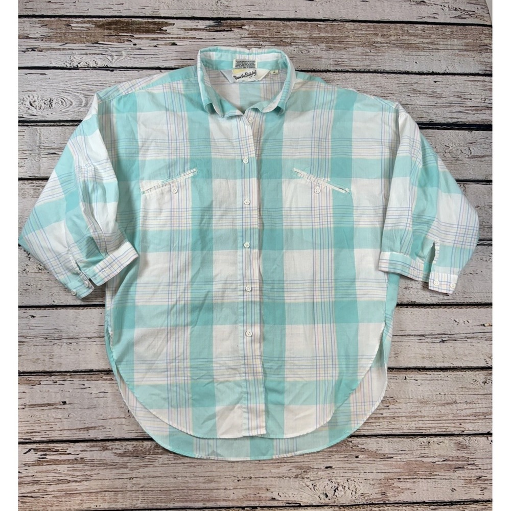 Vintage Diane Von Furstenberg Button Down Shirt Womens M Blue Plaid 3/4 Sleeve